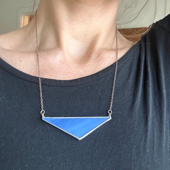 Royal Blue Stained Glass + 926 Sterling Silver Triangle Statement Necklace - Picture 1 of 8